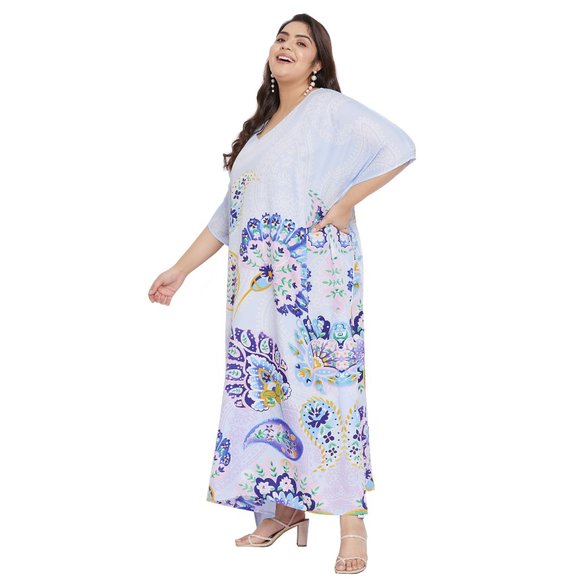 Women Plus Size Fit and Flare Paisley Printed White Kaftan Dress by Gypsie Blu - Picture 6 of 8